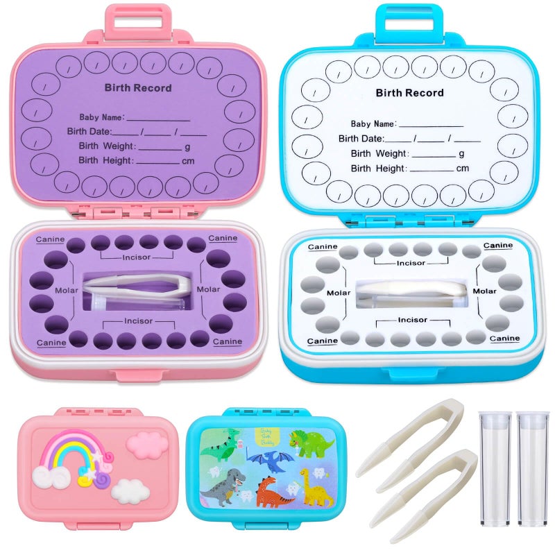 Caffox 2 Pack Tooth Holders for Kids Keepsake, Tooth Fairy Box, First Tooth Keepsake Box, Tooth Collection Container Boxes for Lost Teeth for Kids, Baby Teeth Saver Storage Case (Rainbow and Dinosaur) - Image 1